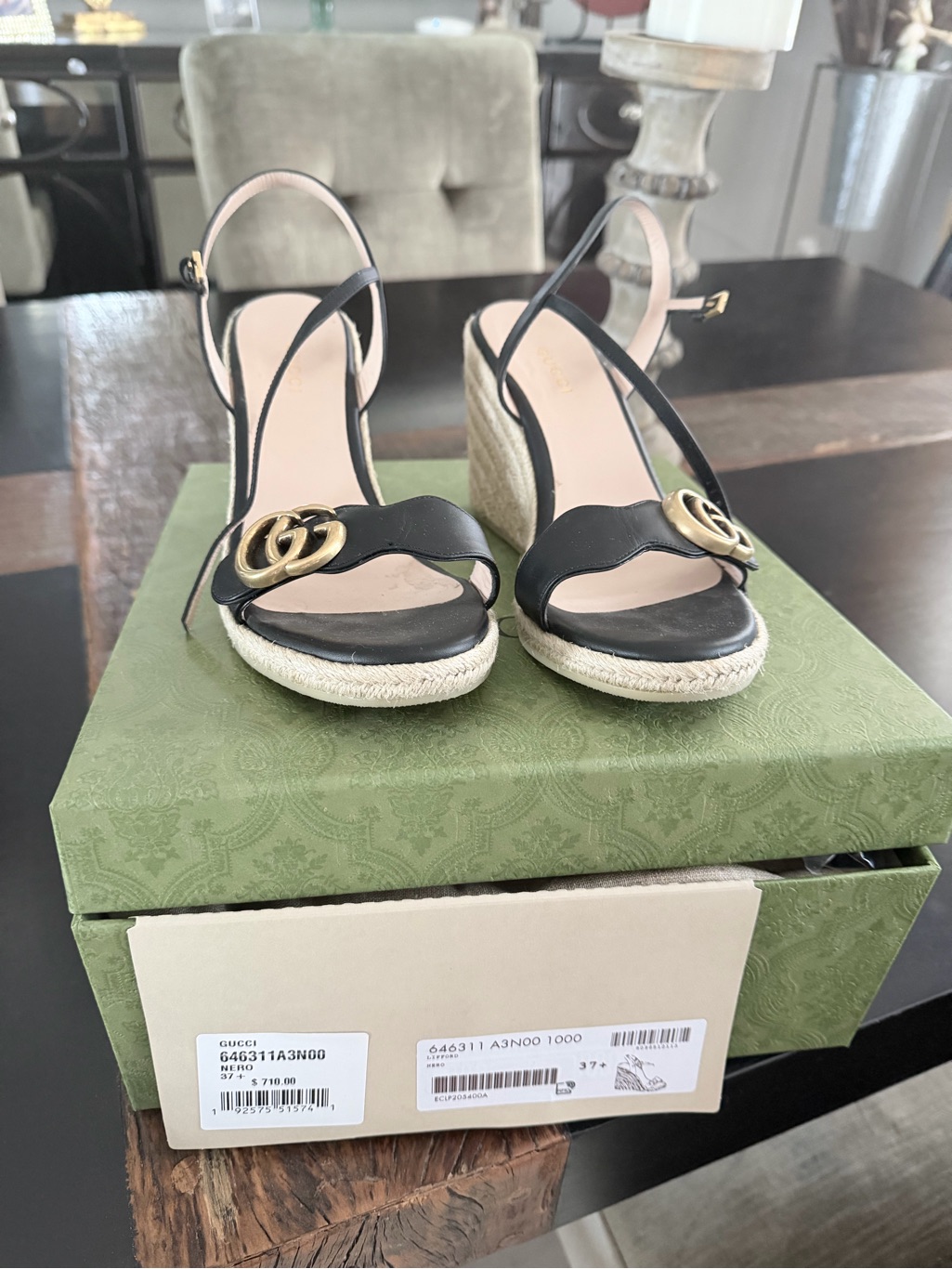 Gucci Black Leather Espadrille Wedge Sandals With Gold Gg